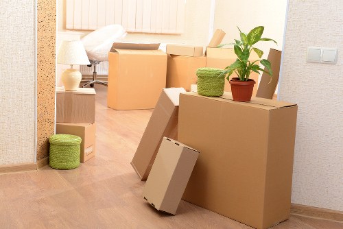 Office desks and storage furniture prepared for commercial relocation